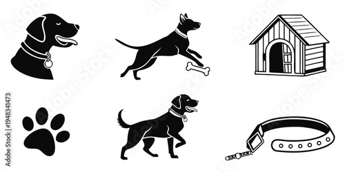 black dog icons with doghouse and leash Vector