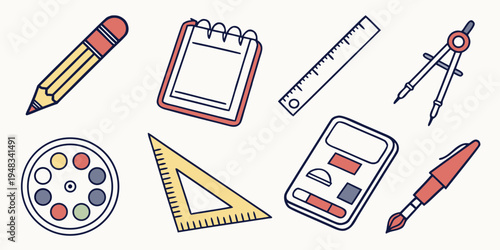 a collection of school supplies and stationery items Vector