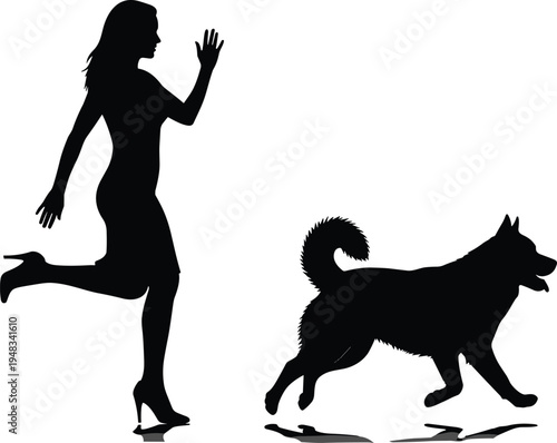 Woman running with dog silhouette isolated on white background, pet walking lifestyle concept, female owner with playful canine vector illustration