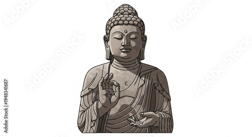 Detailed depiction of a Buddha statue in meditative pose.