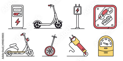 a collection of electric scooter and charging related icons Vector