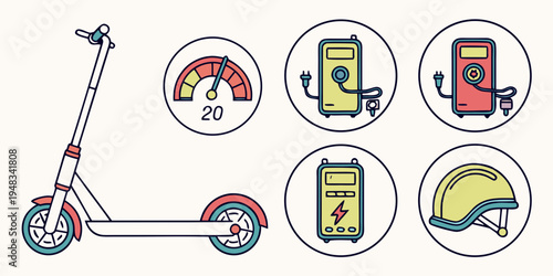 a scooter with icons representing speed battery and safety Vector