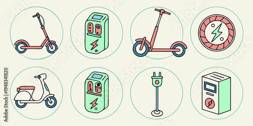 a collection of electric scooter and charger icons Vector