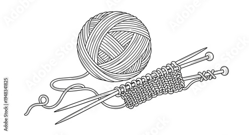 Detailed Line Art of Knitting Needles, Yarn, and Knitted Fabric.