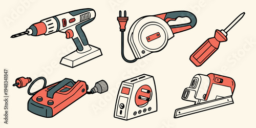 a collection of power tools including a drill and a saw Vector