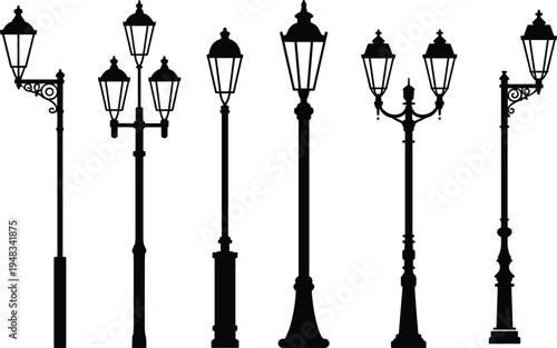 Silhouette illustration of ornate vintage street lamps with unique designs, showcasing urban architecture, historical style, decorative lighting, cityscape elements, and classic outdoor lamp concepts.