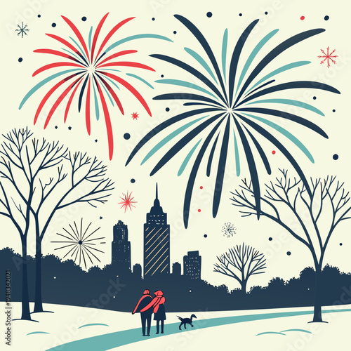 Couple watching fireworks over city skyline in snowy park on new year's eve with fireworks display with year end