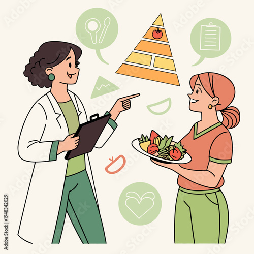 Nutritionist explaining food pyramid to smiling woman holding healthy meal plate with healthy eating with diet plan with speech bubble