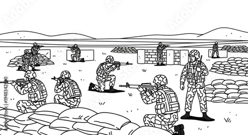 Line Art Depiction of Soldiers in a Military Training Exercise.