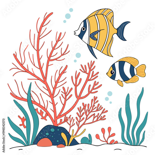 Cute cartoon tropical fish and coral reef illustration on white background with perfect for children's books, educational materials, or ocean-themed designs
