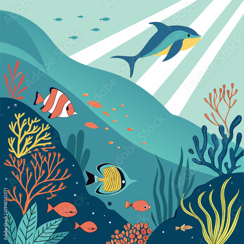 Underwater scene with playful dolphin, colorful coral, and tropical fish, vibrant marine life, under the sea, underwater world