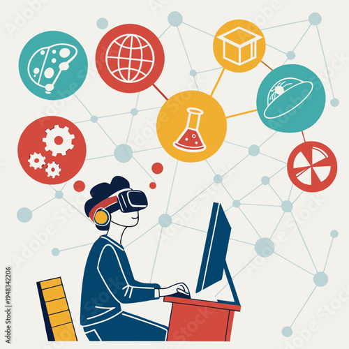 Virtual reality and technology innovation concept with a person using vr headset and interconnected icons with digital world with augmented reality with vr headset