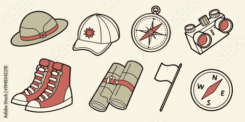 a collection of hiking and camping gear Vector
