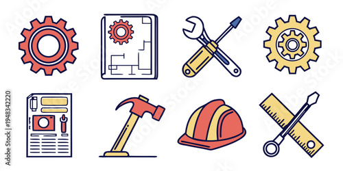 a set of eight construction tools and equipment icons Vector