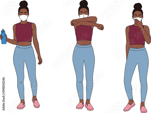Woman wearing face mask demonstrating cough and sneeze etiquette, hygiene and coronavirus prevention concept, female character healthcare safety vector illustration