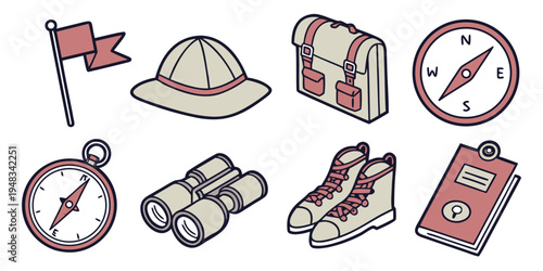 outdoor adventure and hiking equipment icons Vector