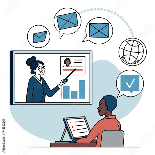 Online learning and communication concept with teacher, student, and emails, distance learning