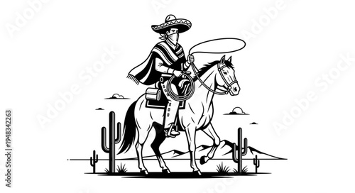 Detailed Illustration of a Mexican Charro on Horseback with Lasso.