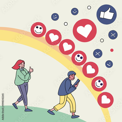 Social media engagement, people interacting with online likes and smiles, positive feedback flow, thumbs up, popularity contest, social networking, internet marketing