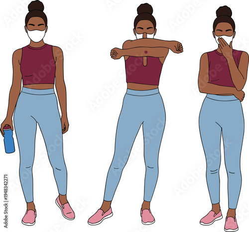 Woman wearing face mask demonstrating cough and sneeze etiquette, healthy hygiene practices illustration, coronavirus prevention awareness, female character medical safety vector