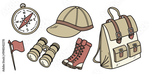 a collection of hiking and exploration gear Vector