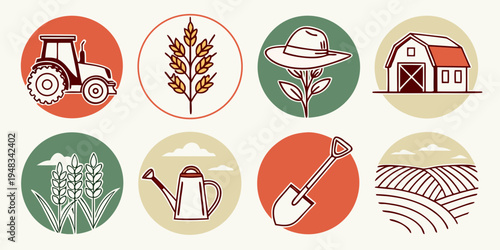 farm icons including tractor and wheat Vector
