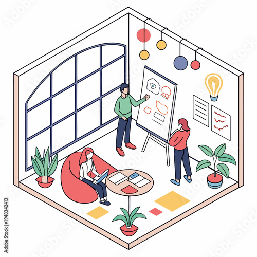 Creative isometric workspace with team brainstorming and presenting ideas on whiteboard, laptop and beanbags, features beanbag chairs and plants for a relaxed yet productive atmosphere