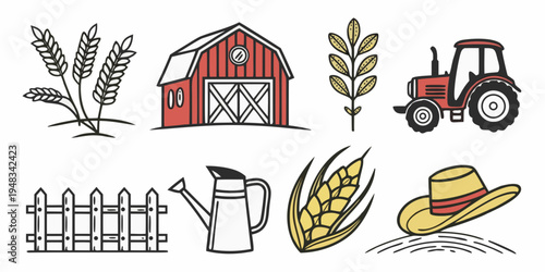 farm icons including tractor and barn Vector