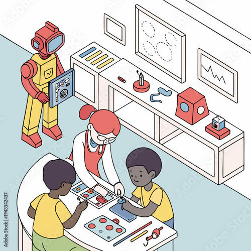 Children learning stem and robotics from a robot instructor in a colorful, engaging classroom environment, learning activity