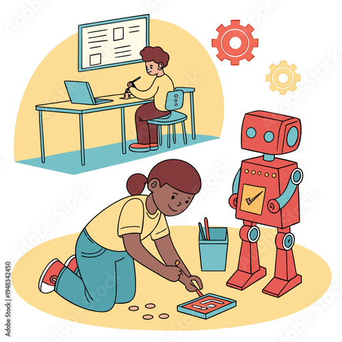 Children learning robotics and programming, building a robot and coding on laptop, learning curve, hands on