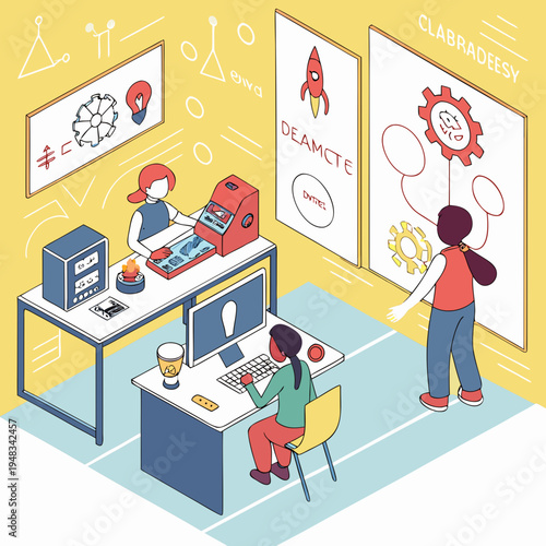Isometric view of diverse students working on stem projects in a modern lab