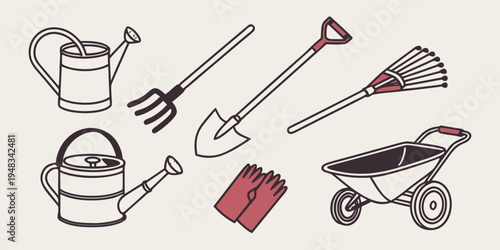 a collection of gardening tools on a plain background Vector