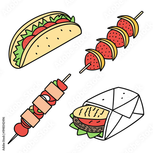Assortment of street food items: taco, skewers, and wrap, flat lay, fast food, hand drawn, picnic food, travel food