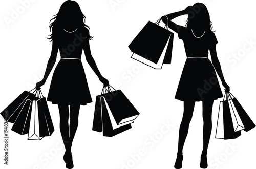 Women shopping silhouettes with bags, fashionable female shoppers carrying retail packages in different poses, consumer lifestyle vector illustration isolated on white background