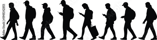 Silhouette illustration of modern people walking with smartphones, heads down, showing technology addiction, digital dependence, lifestyle contrast, social commentary on mobile device obsession.