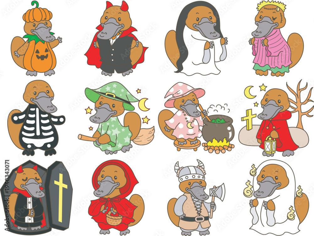 Fototapeta premium Cute set of platypus sticker with activity. Platypus 