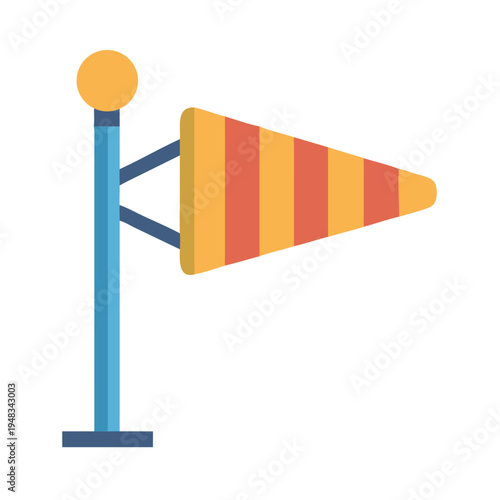 Graphic windsock illustration on a blue pole against black