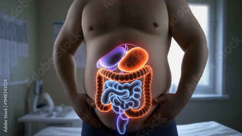 Obese man with highlighted digestive system and intestines in a medical examination room