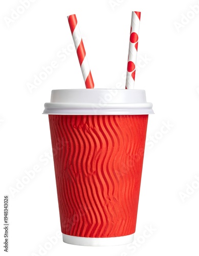 Red ripple cup with two paper straws. Isolated