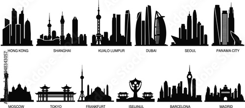 World city skylines silhouettes collection, famous global landmarks including Hong Kong Shanghai Dubai Tokyo and Barcelona, urban skyline vector illustration isolated on white