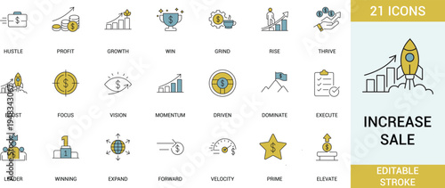 Increase sales colored line icon set with profit, growth, momentum, leadership and business success symbols. Editable stroke vector icons for marketing, startup and finance UI.