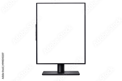 Modern black computer monitor with a blank white screen, oriented vertically, ideal for showcasing digital content, apps, or website designs with ample copy space on a clean white background