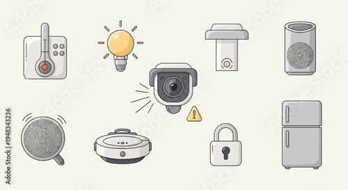Smart home devices including security camera, bulb, lock, fridge, and robot vacuum