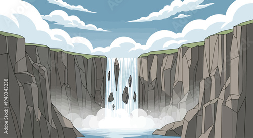 A powerful waterfall cascades into a misty pool between jagged cliffs