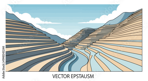 Serene mountain landscape with cascading terraces under a cloudy sky