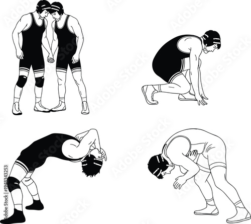 Wrestling athlete poses vector set, grappling sport training positions, wrestlers warm up and competition stance collection, wrestling sport illustration isolated