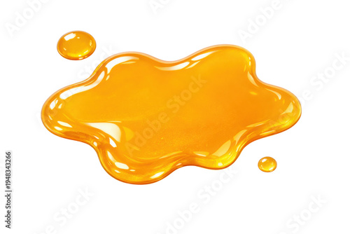 Golden yellow honey puddle with two small drops isolated on a clean white background, showcasing a glossy, viscous texture perfect for food and sweet-themed designs