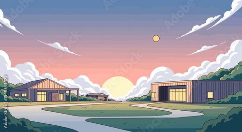 Modern buildings in soft sunset light with clouds