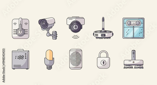 Collection of smart home device icons including cameras, thermostat, lock, lightbulb, and cleaner