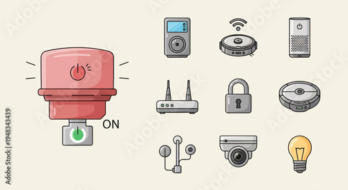 A collection of smart home devices depicted with clean, flat graphics
